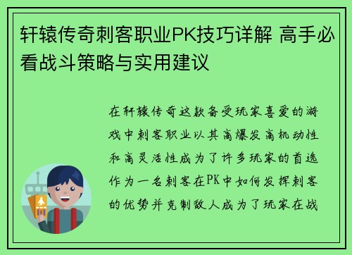 轩辕传奇刺客职业PK技巧详解 高手必看战斗策略与实用建议